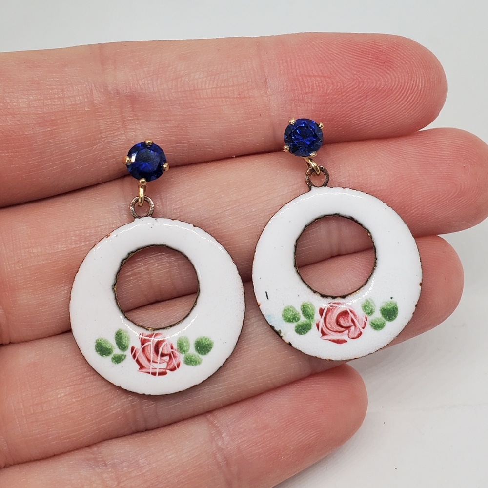 Vintage Painted Enamel Rose Sapphire Dangle Earrings